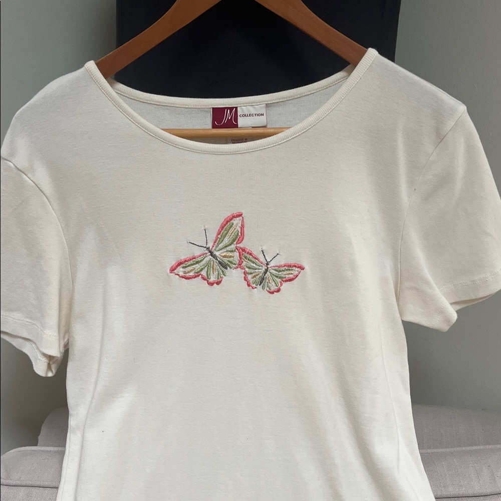 Cream T-Shirt with Butterfly Embroidery 100% cotton - Picture 4 of 4